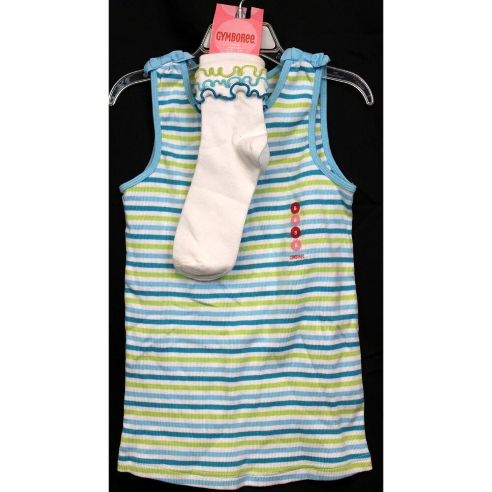 NEW 2006 Gymboree Island Fun Striped Tank Top sz 8 Lettuce Ruffle Socks Blue Bow